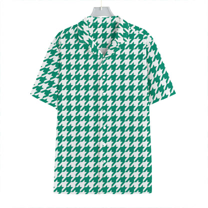 Jungle Green And White Houndstooth Print Hawaiian Shirt