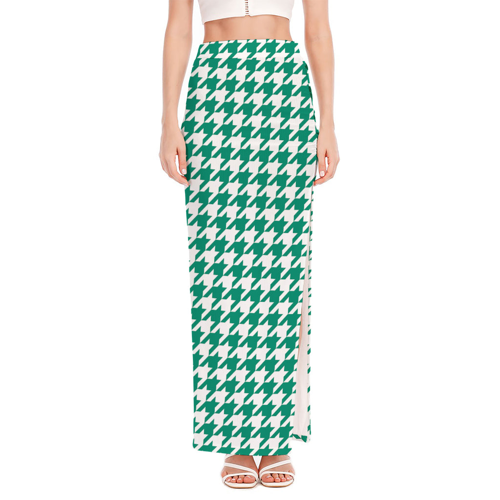 Jungle Green And White Houndstooth Print High Slit Maxi Skirt