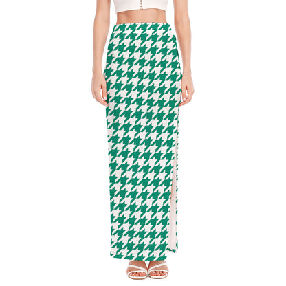 Jungle Green And White Houndstooth Print High Slit Maxi Skirt
