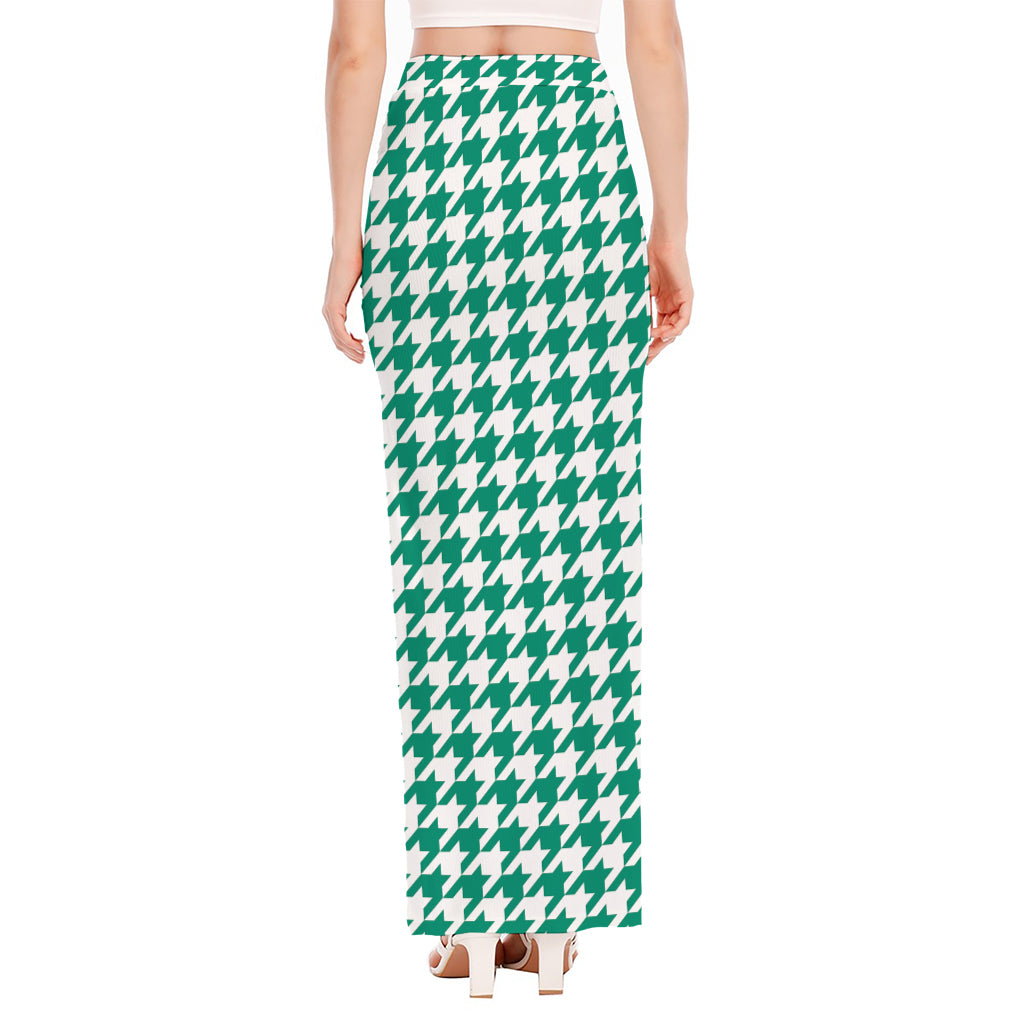 Jungle Green And White Houndstooth Print High Slit Maxi Skirt