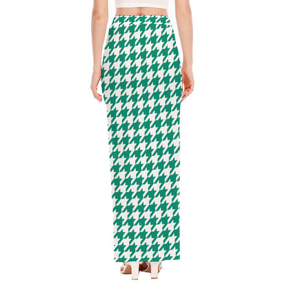 Jungle Green And White Houndstooth Print High Slit Maxi Skirt