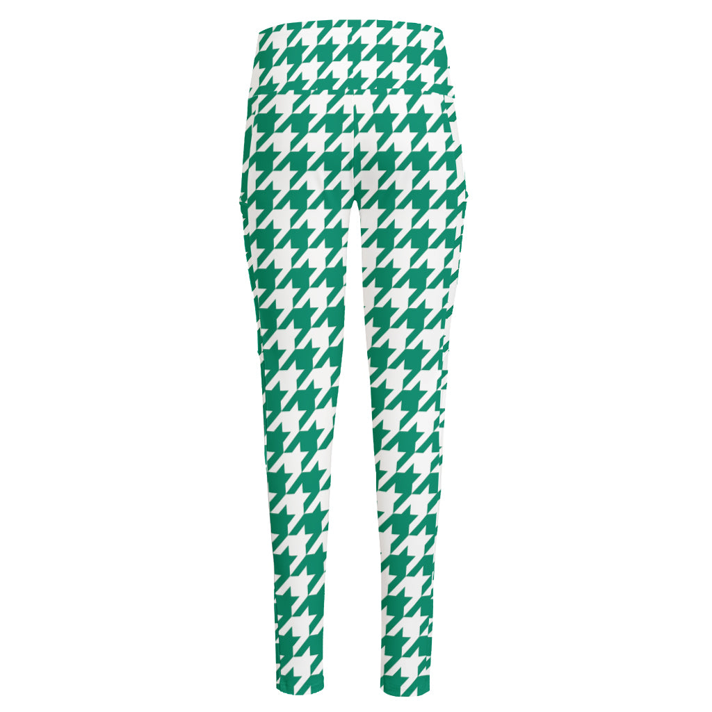 Jungle Green And White Houndstooth Print High-Waisted Pocket Leggings
