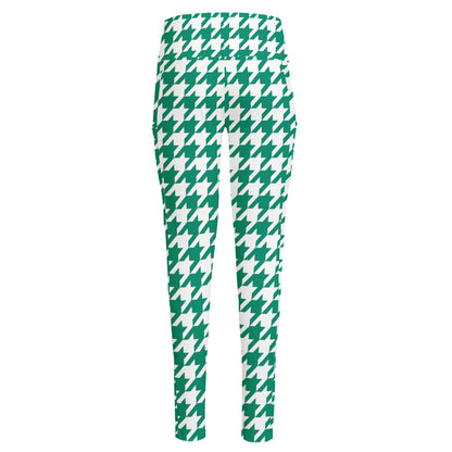Jungle Green And White Houndstooth Print High-Waisted Pocket Leggings