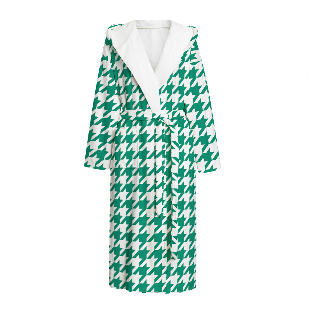 Jungle Green And White Houndstooth Print Hooded Bathrobe