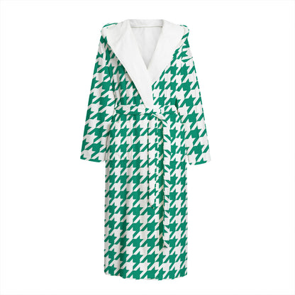 Jungle Green And White Houndstooth Print Hooded Bathrobe