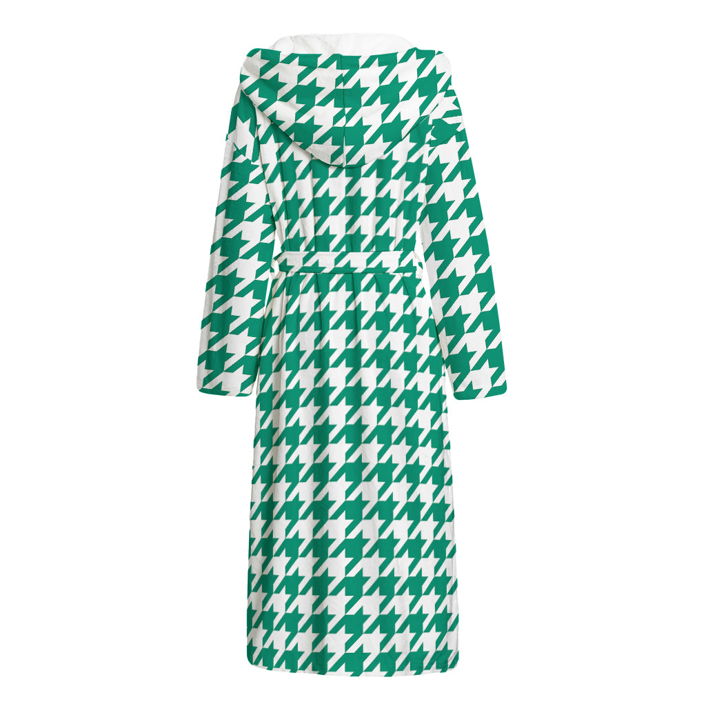 Jungle Green And White Houndstooth Print Hooded Bathrobe