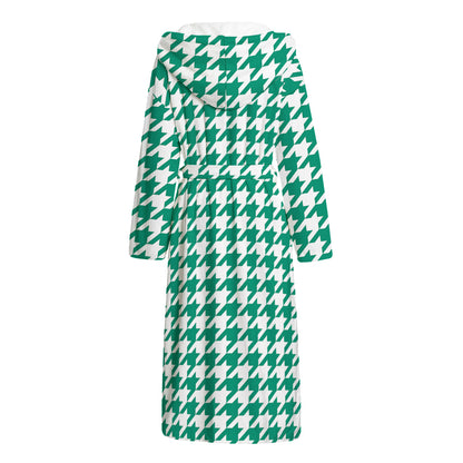 Jungle Green And White Houndstooth Print Hooded Bathrobe