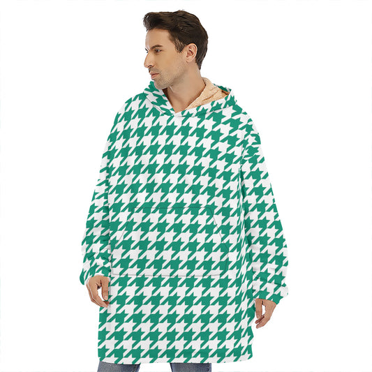 Jungle Green And White Houndstooth Print Hoodie Blanket