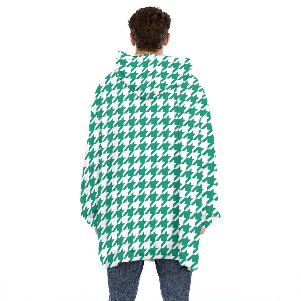Jungle Green And White Houndstooth Print Hoodie Blanket