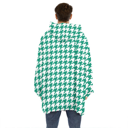 Jungle Green And White Houndstooth Print Hoodie Blanket
