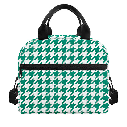 Jungle Green And White Houndstooth Print Insulated Lunch Bag