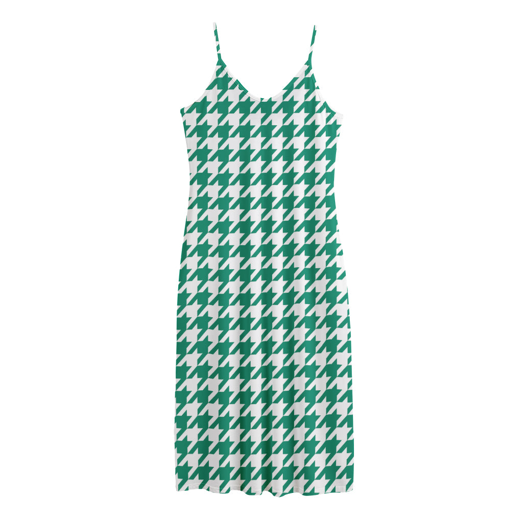 Jungle Green And White Houndstooth Print Jersey Midi Cami Dress