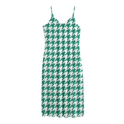 Jungle Green And White Houndstooth Print Jersey Midi Cami Dress