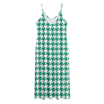 Jungle Green And White Houndstooth Print Jersey Midi Cami Dress