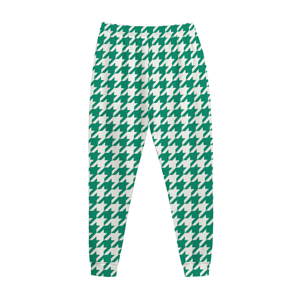 Jungle Green And White Houndstooth Print Jogger Pants