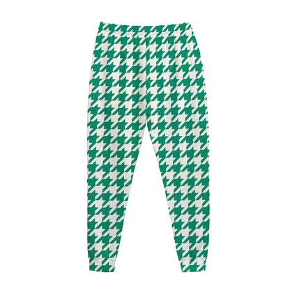 Jungle Green And White Houndstooth Print Jogger Pants
