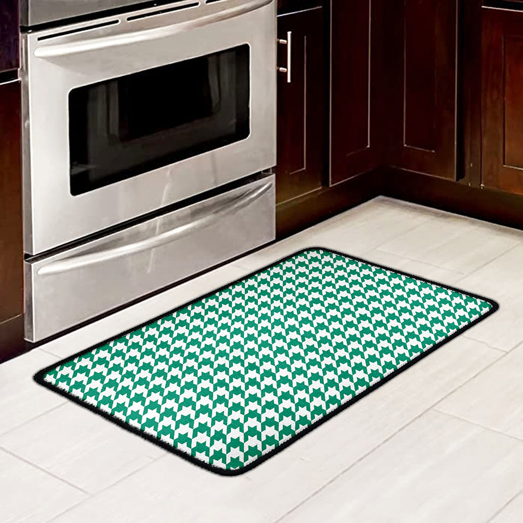 Jungle Green And White Houndstooth Print Kitchen Mat