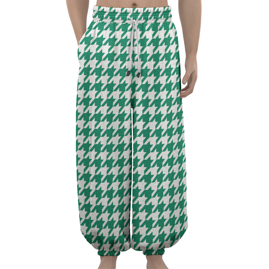 Jungle Green And White Houndstooth Print Lantern Pants