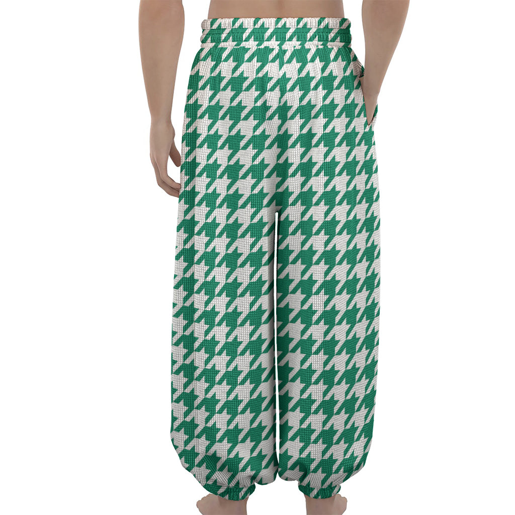 Jungle Green And White Houndstooth Print Lantern Pants