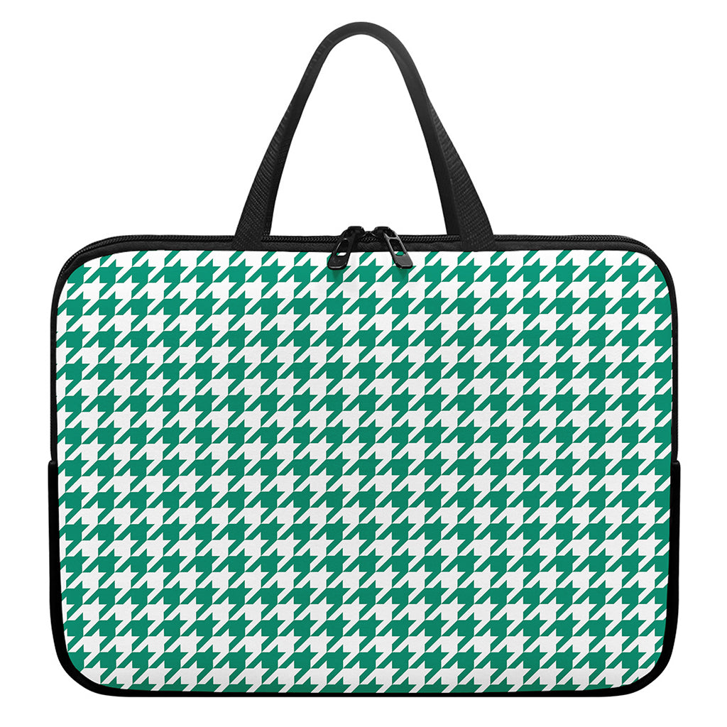 Jungle Green And White Houndstooth Print Laptop Sleeve With Handle