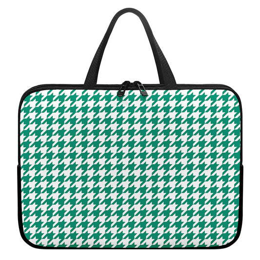 Jungle Green And White Houndstooth Print Laptop Sleeve With Handle