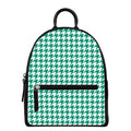 Jungle Green And White Houndstooth Print Leather Backpack