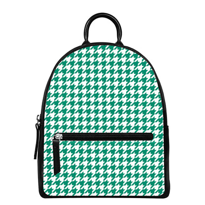 Jungle Green And White Houndstooth Print Leather Backpack