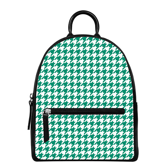 Jungle Green And White Houndstooth Print Leather Backpack