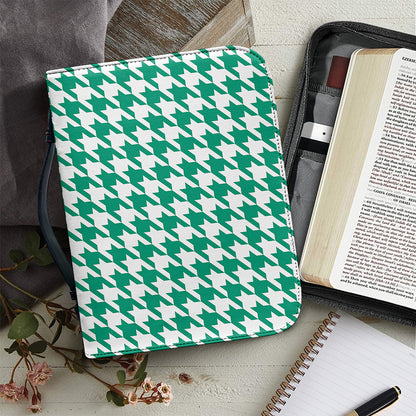 Jungle Green And White Houndstooth Print Leather Bible Cover