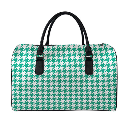 Jungle Green And White Houndstooth Print Leather Duffle Bag