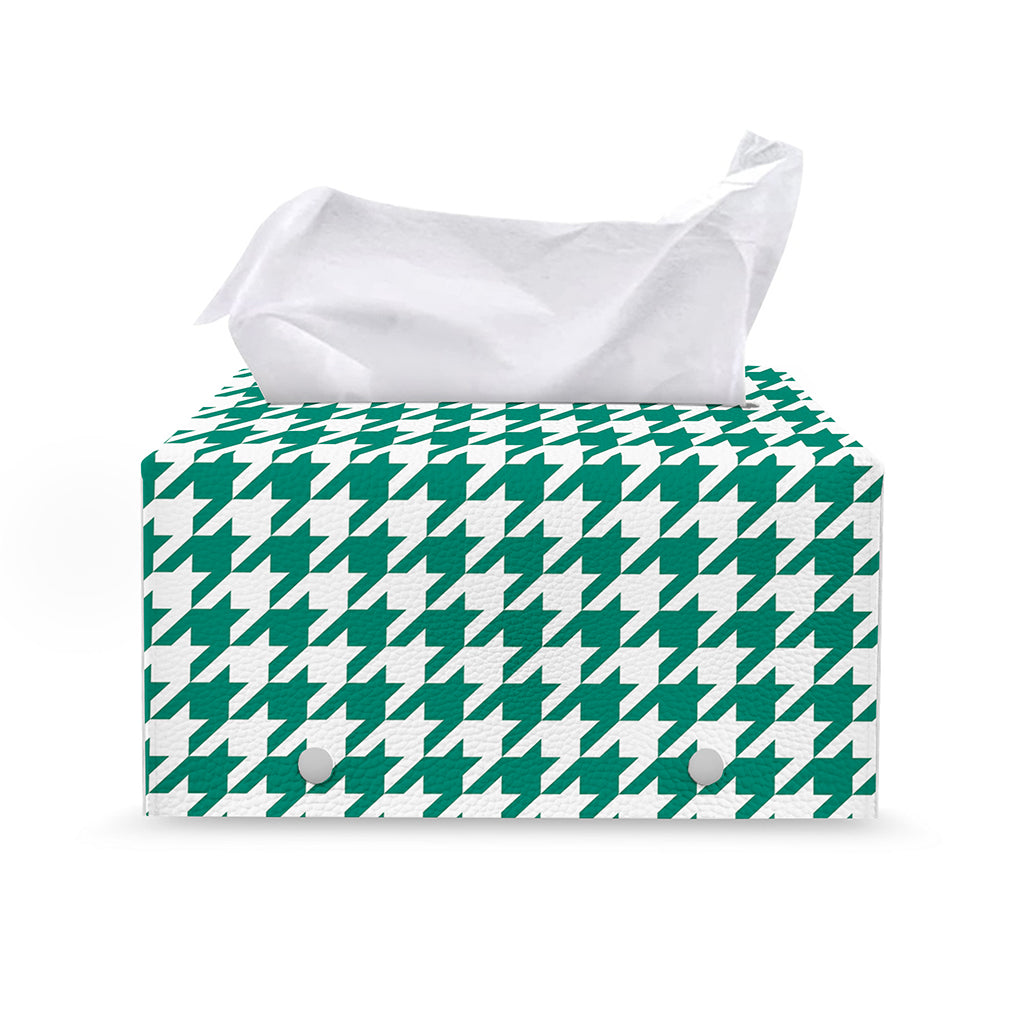 Jungle Green And White Houndstooth Print Leather Tissue Box Cover