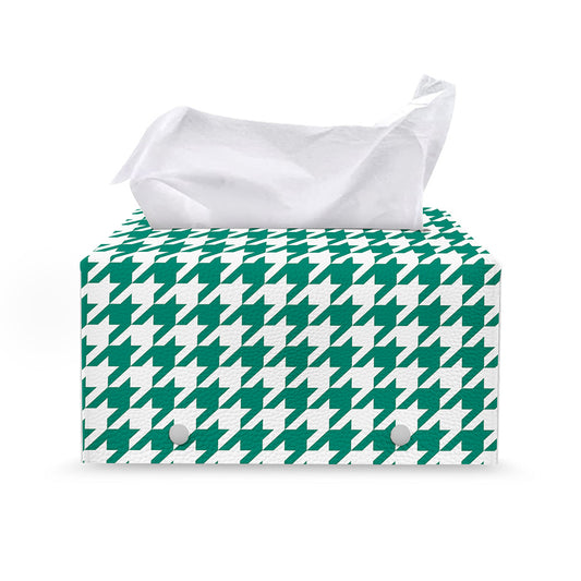 Jungle Green And White Houndstooth Print Leather Tissue Box Cover