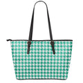 Jungle Green And White Houndstooth Print Leather Tote Bag With Zipper