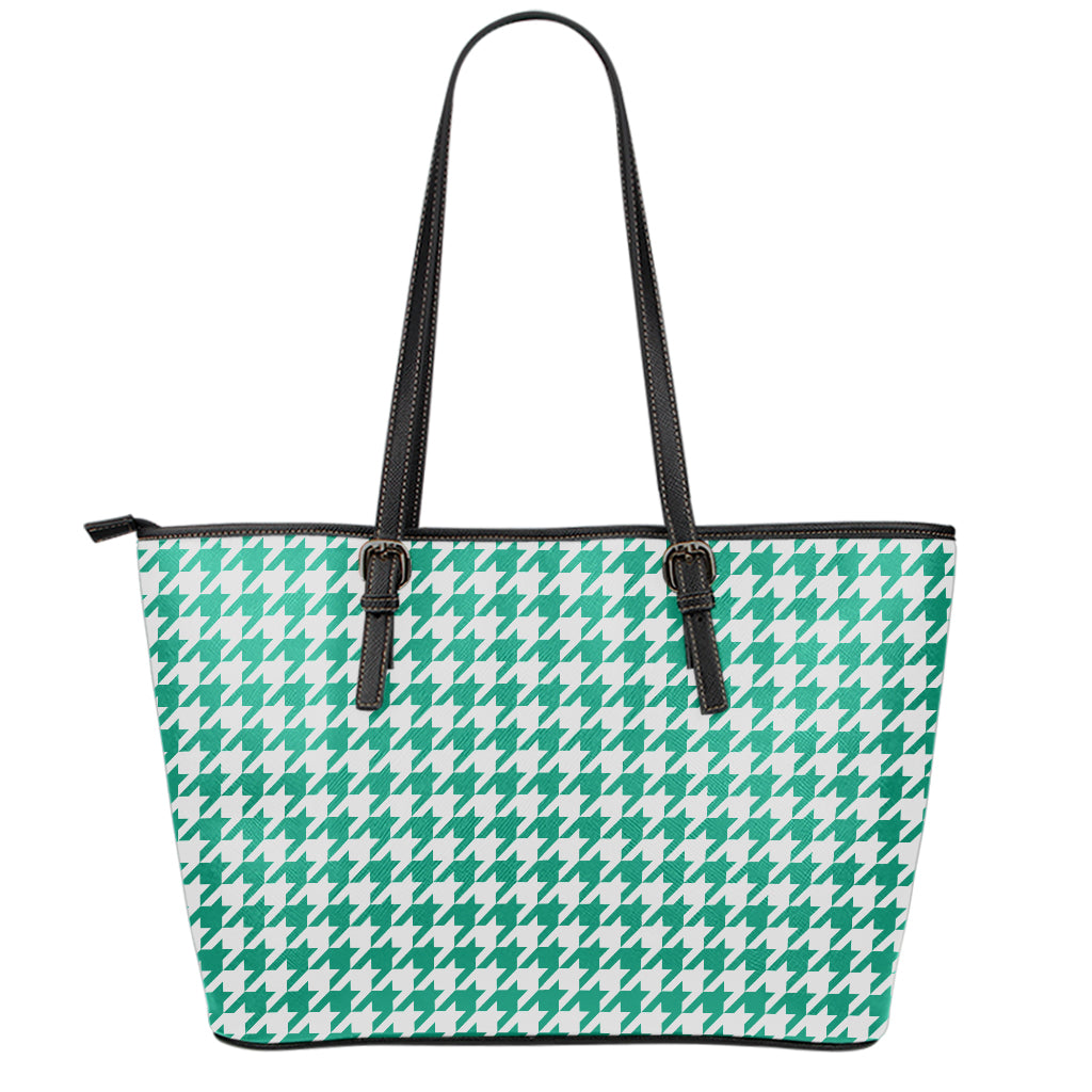 Jungle Green And White Houndstooth Print Leather Tote Bag