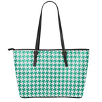 Jungle Green And White Houndstooth Print Leather Tote Bag