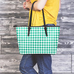 Jungle Green And White Houndstooth Print Leather Tote Bag