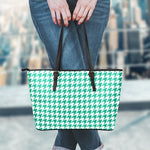 Jungle Green And White Houndstooth Print Leather Tote Bag
