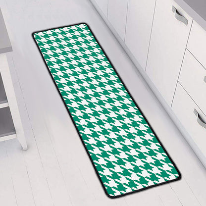 Jungle Green And White Houndstooth Print Long Kitchen Mat