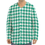 Jungle Green And White Houndstooth Print Long Sleeve Baseball Jersey