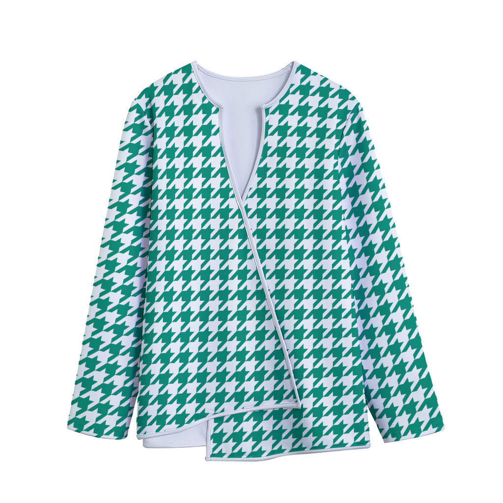 Jungle Green And White Houndstooth Print Long Sleeve Short Coat