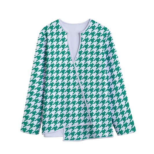 Jungle Green And White Houndstooth Print Long Sleeve Short Coat