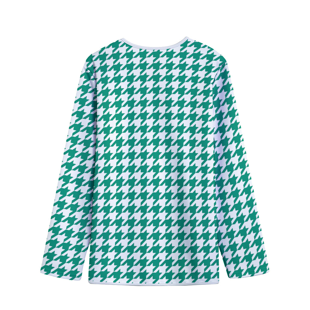 Jungle Green And White Houndstooth Print Long Sleeve Short Coat