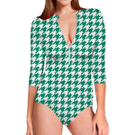 Jungle Green And White Houndstooth Print Long Sleeve Swimsuit