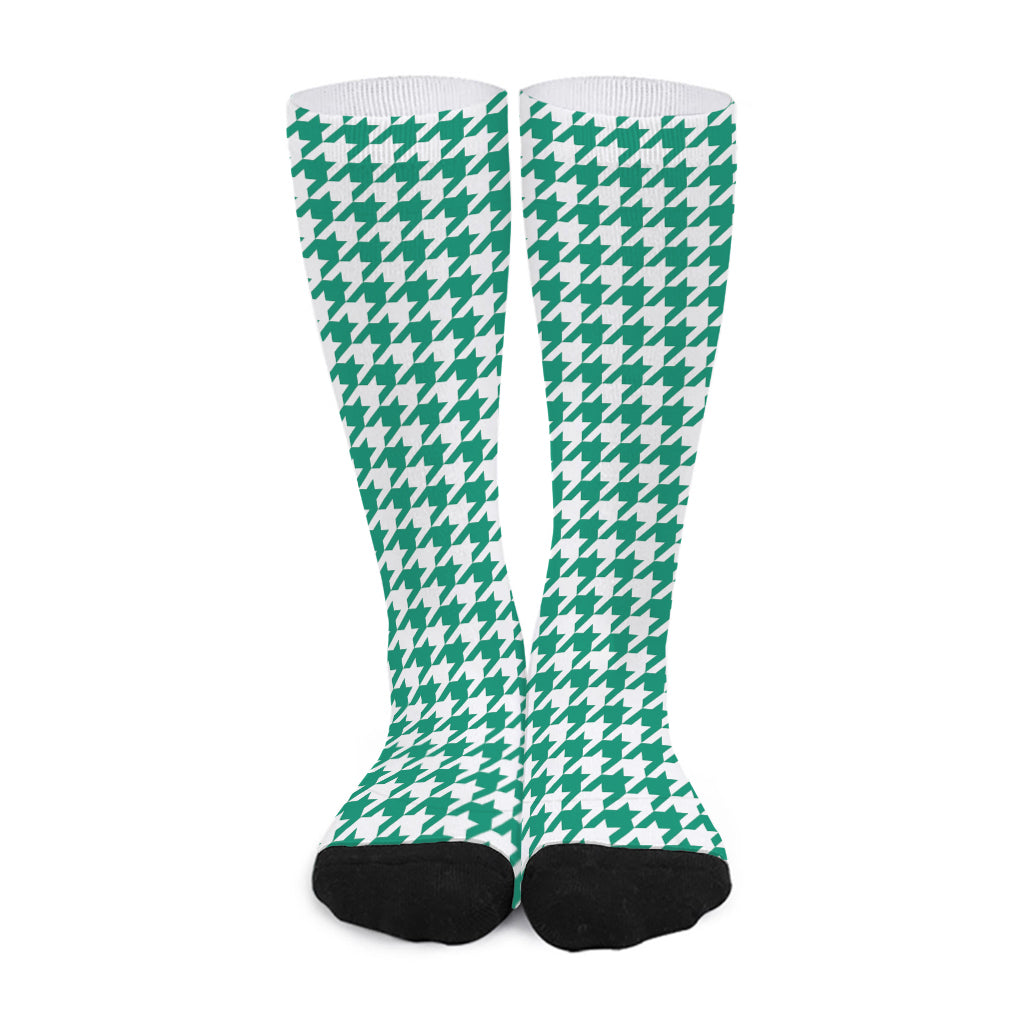 Jungle Green And White Houndstooth Print Long Socks