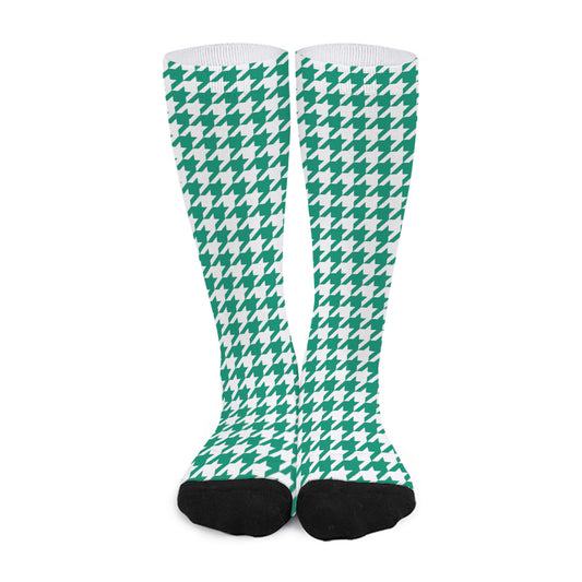 Jungle Green And White Houndstooth Print Long Socks