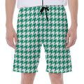 Jungle Green And White Houndstooth Print Men's Beach Shorts