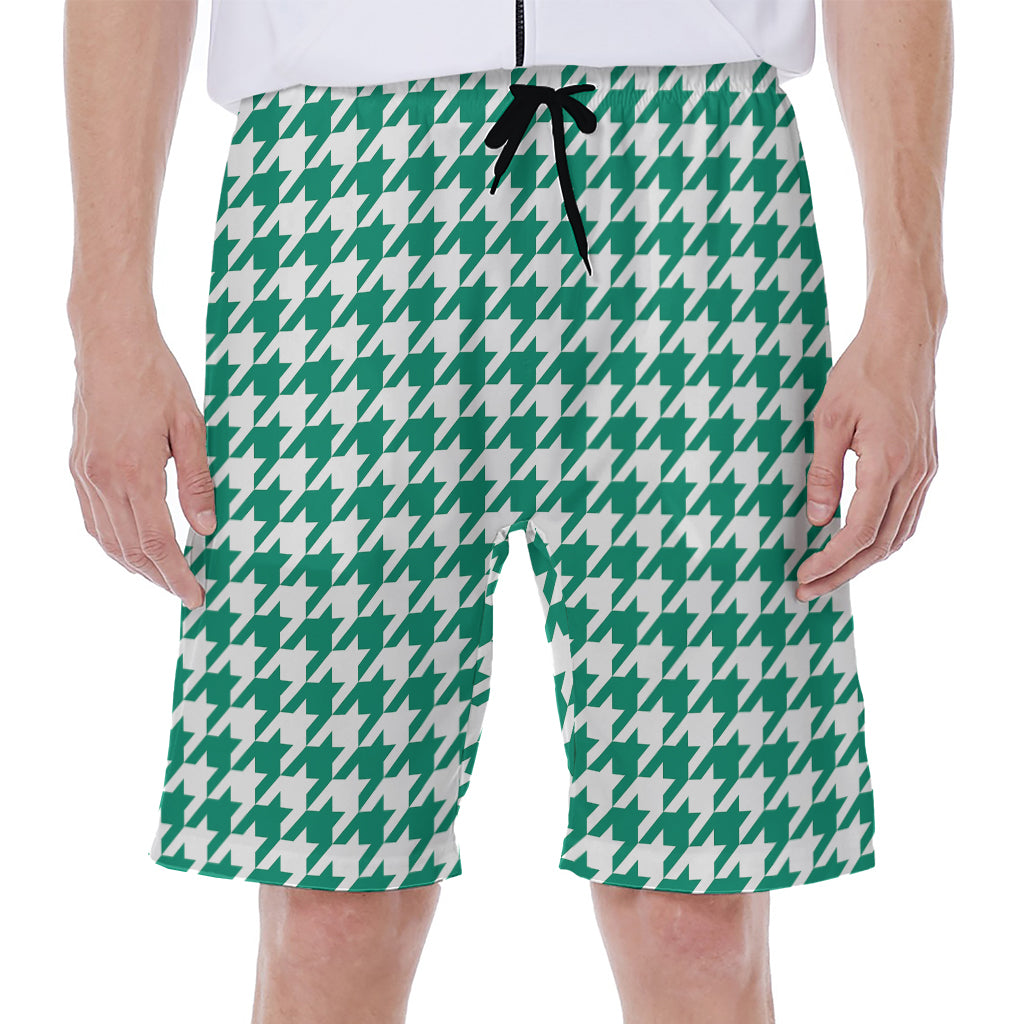 Jungle Green And White Houndstooth Print Men's Beach Shorts