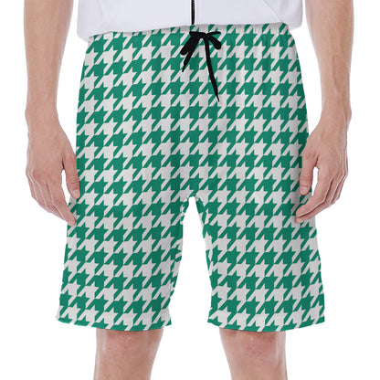 Jungle Green And White Houndstooth Print Men's Beach Shorts