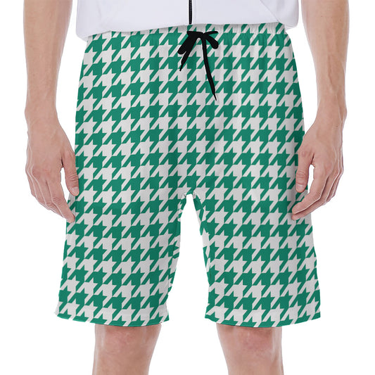 Jungle Green And White Houndstooth Print Men's Beach Shorts