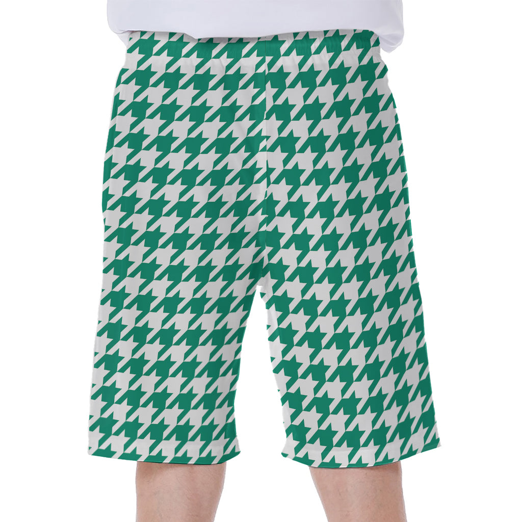 Jungle Green And White Houndstooth Print Men's Beach Shorts